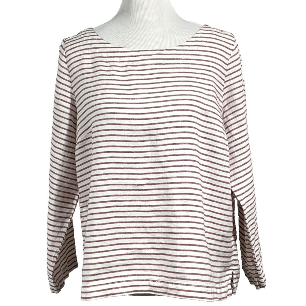 Artisan NY 100% Linen Striped Boat Neck Top Size L Burgundy White Long Sleeve